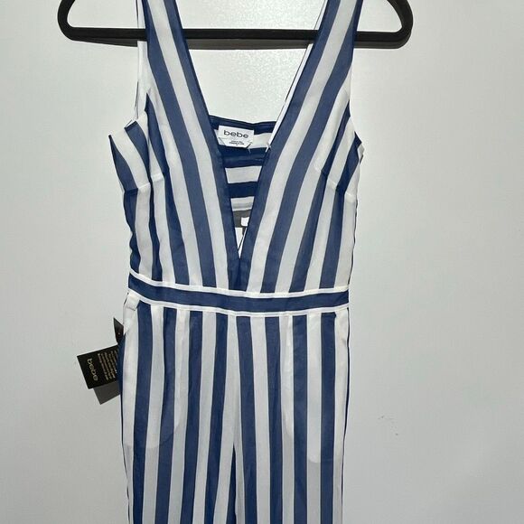 Bebe Women's Blue White Stripe Deep V-Neck Sleeveless Bandeau Jumpsuit Sz 0 NWT - Picture 2 of 10